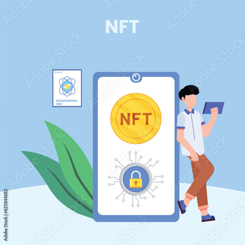 NFT concept. People creating buying and working with crypto art. Non-fungible token auction. Unique masterpieces markets. Persons paying for artworks with phones.