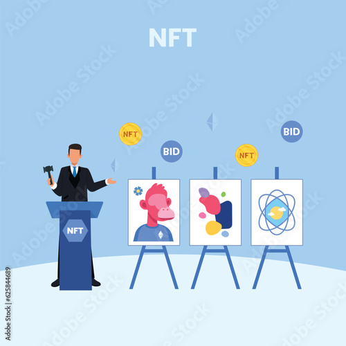 NFT concept. People creating buying and working with crypto art. Non-fungible token auction. Unique masterpieces markets. Persons paying for artworks with phones.