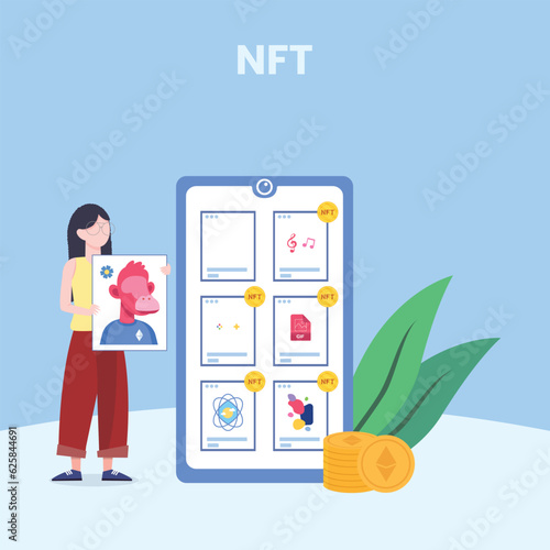 NFT concept. People creating buying and working with crypto art. Non-fungible token auction. Unique masterpieces markets. Persons paying for artworks with phones.