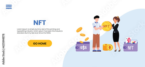 NFT concept. People creating buying and working with crypto art. Non-fungible token auction. Unique masterpieces markets. Persons paying for artworks with phones.