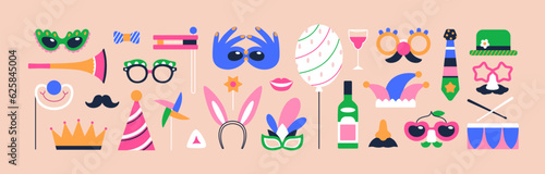 Purim carnival elements set. Jewish holiday accessories, party masks, glasses with moustache, festive hat, crown. Quirky decorations, festival items, props bundle. Isolated flat vector illustrations