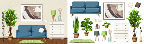 Living room interior design with a blue sofa, a ficus tree, and a big abstract painting. Furniture set. Interior constructor. Cartoon vector illustration