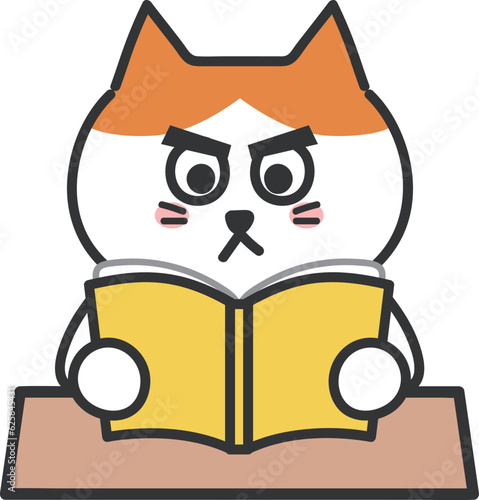Orange tabby cartoon cat reading a book thoroughly, vector illustration.
