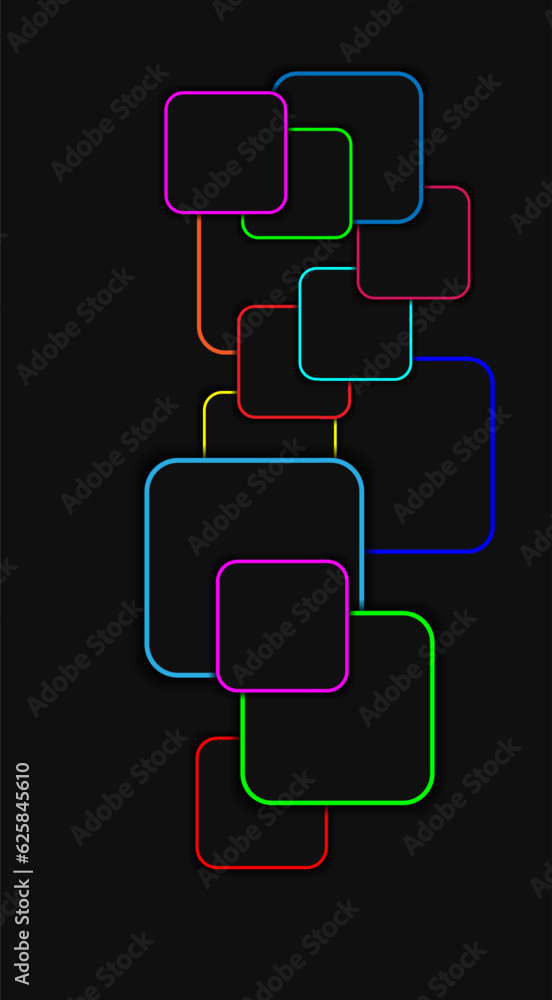 Squares of different sizes on a dark background. Vector illustration of squares with colorful outline. Sketch for creativity. Squares of different sizes on a dark background. Vector illustration of squares with colorful outline. Sketch for creativity.