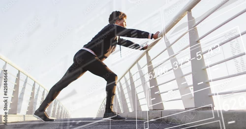 Animation of financial data processing over biracial man stretching Animation of financial data processing over biracial man stretching