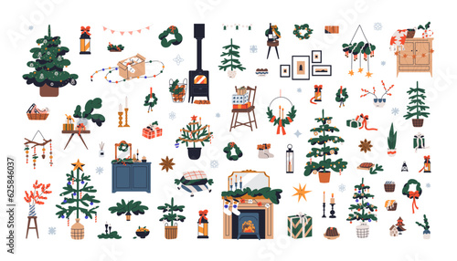 Christmas decorations set. Winter holiday ornaments, stuff. Xmas tree, baubles, gifts, fir wreaths, candles. New Year props, items bundle. Flat vector illustrations isolated on white background