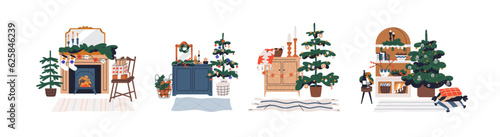 Christmas home decorations set. Cozy Xmas holiday designs with fir tree, baubles, ornaments compositions. New Year decor with firtree. Flat graphic vector illustrations isolated on white background