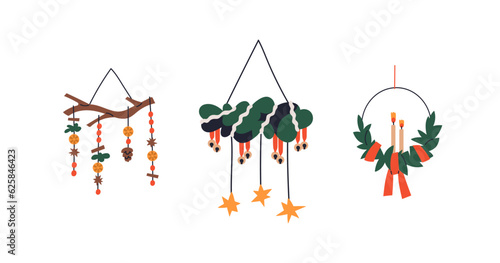 Christmas decorations set. Hanging decor, ornament for holiday. Fir wreath with ribbons, candles and stars, pendant branch with beads, cones. Flat vector illustrations isolated on white background