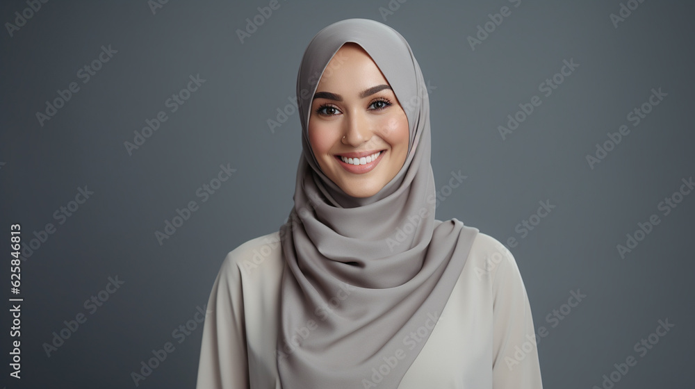 Muslim woman wearing grey hijab smiling softly to the camera Muslim woman wearing grey hijab smiling softly to the camera