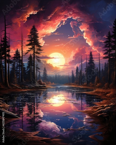 The painting depicts a sunset over a lake with forests, clouds, and a reflection. (Generative AI)