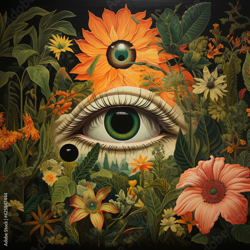 Concept illustration of what plants can see. Fantasy composition with plant eye. photo