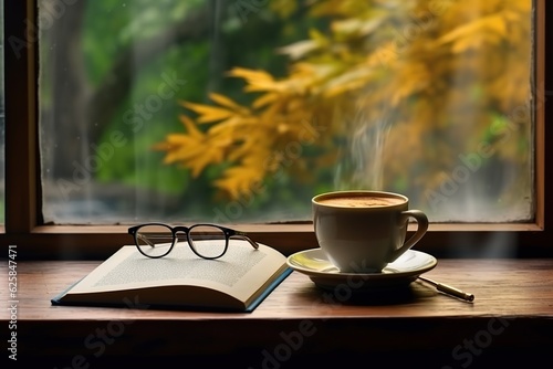 Coffee mug  book near window in autumn. Generative AI