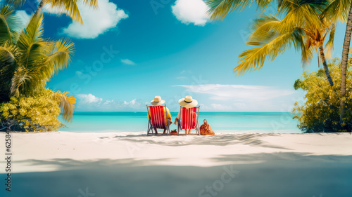 Ein pensioniertes Paar ruht sich auf Sonnenliegen während eines Strandurlaubs auf tropischer Insel gemeinsam aus. Generiert mit KI photo