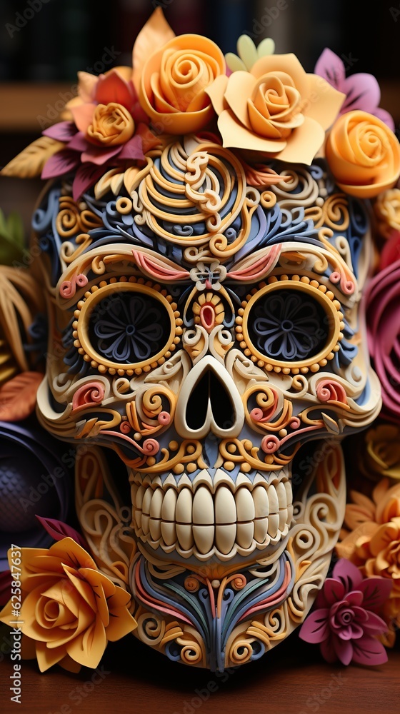 Day of the Dead sugar skulls with flowers. Generative AI