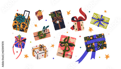 Christmas gift boxes set. Xmas presents packed in festive packages, paper wrapping, ribbon bows, designed with holiday decorations. Flat graphic vector illustrations isolated on white background