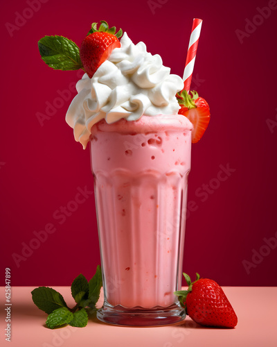 A glass of fresh strawberry smoothie juice with cream and strawberry photo