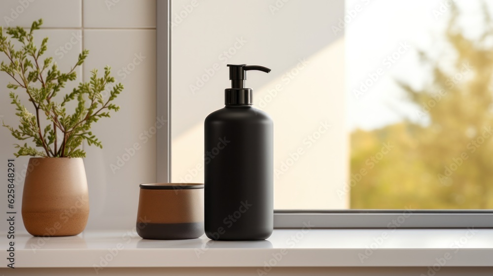 Black liquid soap pump bottle in home bathroom interior, body wash and care cosmetic product packaging mockup.