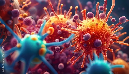 Fotografiet Microscopic close-up of various pathogens, viruses and bacteria in the organism