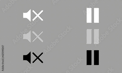 Media player buttons vector icons set. Speaker volume turn off sign. Stop play, pause symbol. Flat isolated illustration on transparent for web, dev, app, ui, ux. Vector EPS 10.