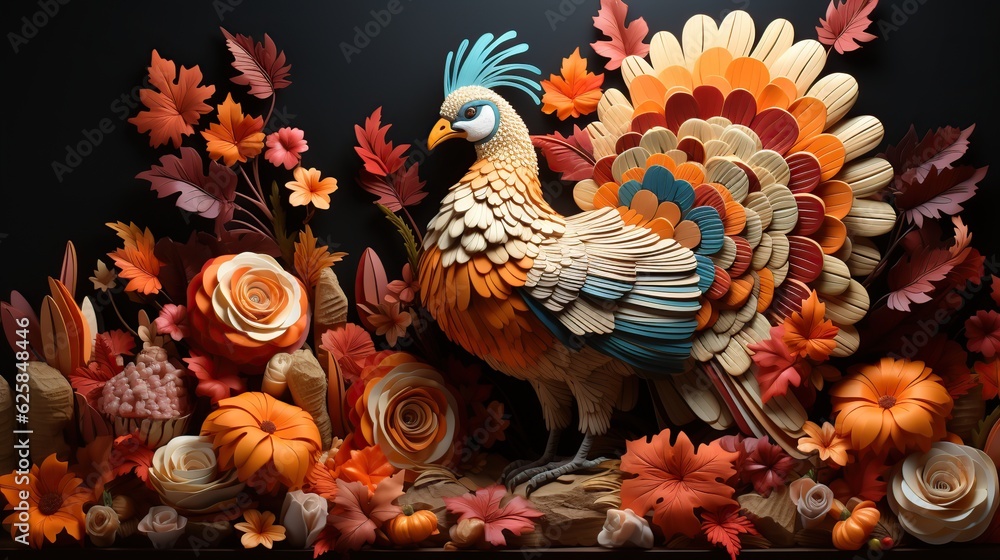 Happy thanksgiving day with a turkey and fall decoration. Generative AI Happy thanksgiving day with a turkey and fall decoration. Generative AI