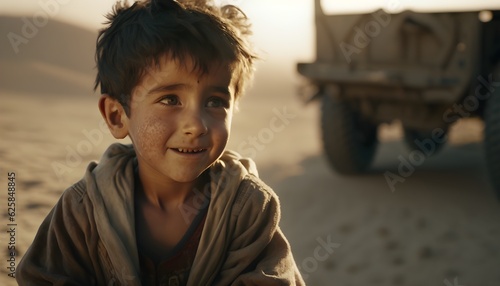 Photograph of a playful Afghan boy, mischievous, innocent, and carefree. Shot in cinematic haze during the day. Generative AI. photo