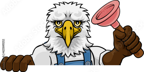 An eagle plumber cartoon mascot holding a toilet or sink plunger peeking round a sign