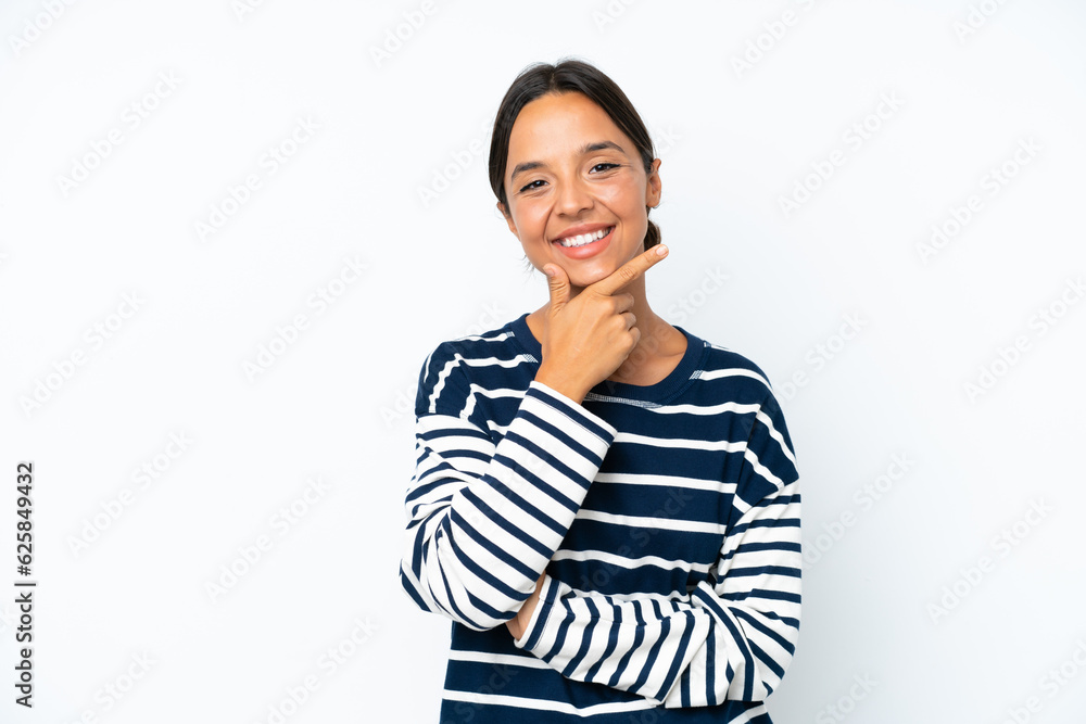 Young hispanic woman isolated on white background happy and smiling Young hispanic woman isolated on white background happy and smiling