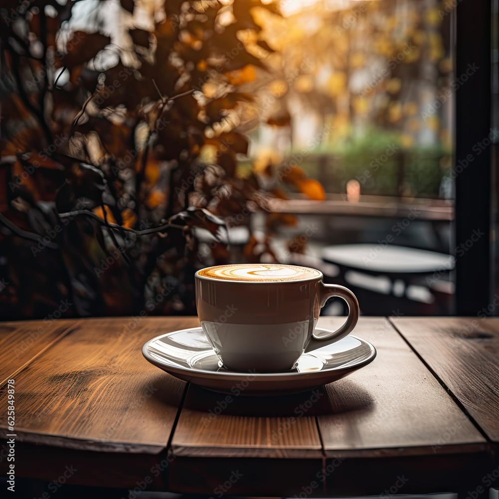Obraz premium Vintage cafe experience. Closeup of white cup of coffee on vintage wooden table on blur restaurant background