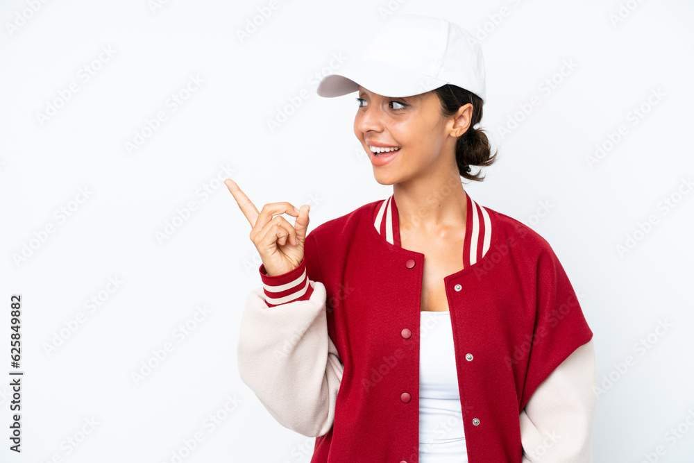 Young hispanic woman wearing a baseball uniform isolated on white background intending to realizes the solution while lifting a finger up Young hispanic woman wearing a baseball uniform isolated on white background intending to realizes the solution while lifting a finger up