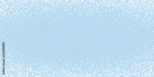 Beautiful snowfall christmas background. Subtle flying snow flakes and stars on light blue winter backdrop. Beautiful snowfall overlay template. Wide vector illustration.