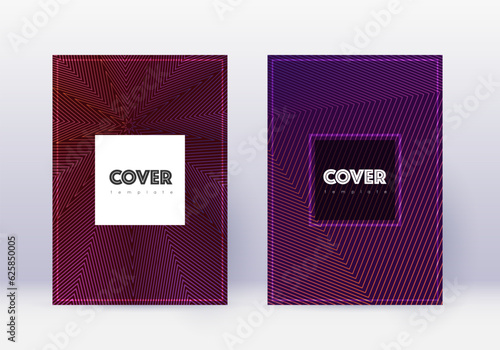 Hipster cover design template set. Violet abstract lines on dark background. Curious cover design. Flawless catalog, poster, book template etc.