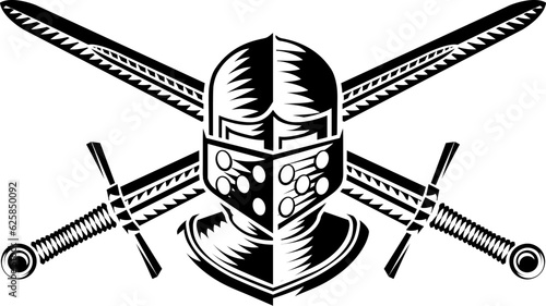 A knight helmet armor helm and crossed swords in a vintage woodcut etching style