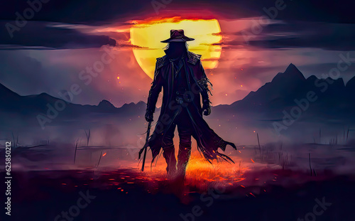 a man walking with a dark hat, cowboy style, sun and fire, darkness,