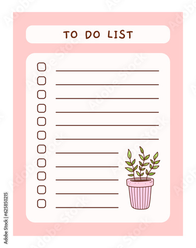 Cute to do list template with floral element. Funny design of daily planner, schedule or checklist. Perfect for planning, memo, notes and self-organization. Vector hand-drawn illustration.