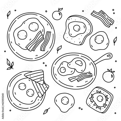 Cute breakfast set with fried eggs, bacon, toast and tomatoes. Vector hand-drawn illustration in doodle style. Perfect for various designs, cards, stickers, decorations, logo, menu, recipes.