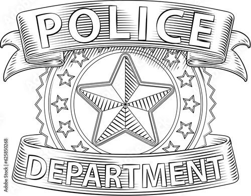 A police badge shield star sheriff cop crest emblem or symbol motif in a vintage woodcut style.