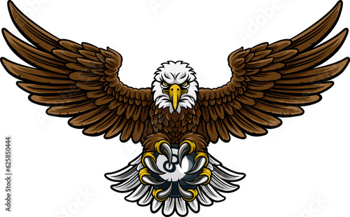 An eagle angry mean pool billiards mascot cartoon character holding a black 8 ball.