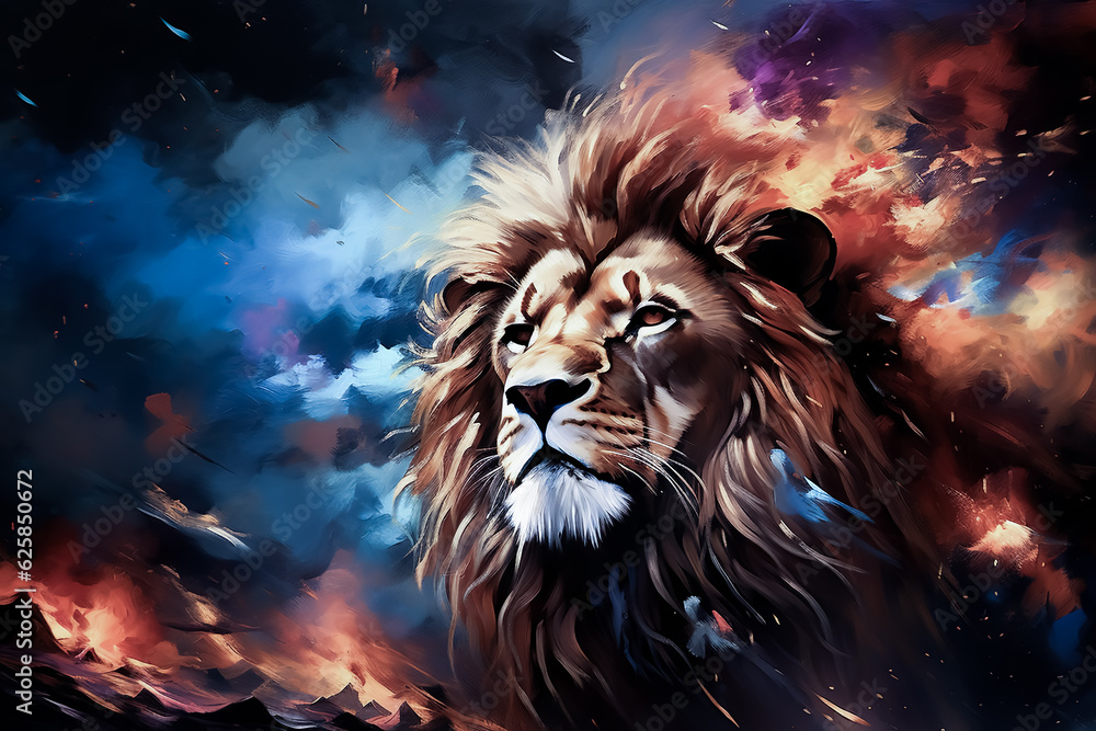 illustration in painting style of lion in colorful.abstract background for book design.generative ai images