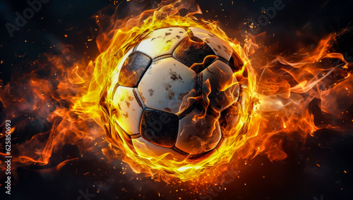 a soccer ball with fire pouring out of it  dark background