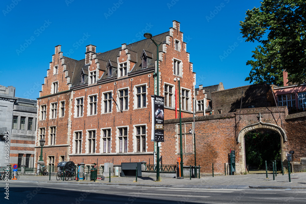 Cleves-Ravenstein Mansion (Hôtel Ravenstein), constructed in the late 15th and early 16th centuries with brick and sandstone in Flamboyant Gothic architectural style.Brussels, Belgium