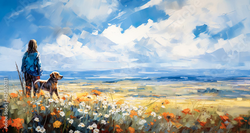 illustration of colorful summer flower field blooming with kid or children and dog in painting style.morning nature in happy relationship moment.generative ai art
