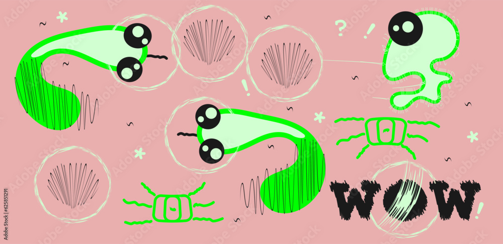 A set of funny characters. Doodle. The snake and the alien. Green baby snakes and a tiny alien A set of funny characters. Doodle. The snake and the alien. Green baby snakes and a tiny alien