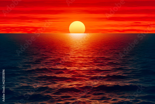 a red orange sun rising above the ocean
