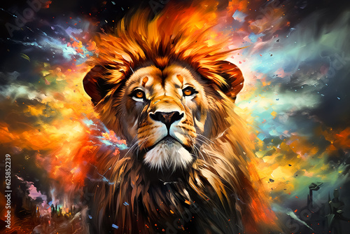 illustration in painting style of lion in colorful.abstract background for book design.generative ai images © Limitless Visions