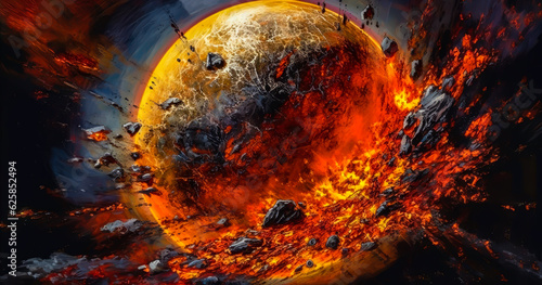 an illustration of a large planet in space, exploding or colliding with another celestial body