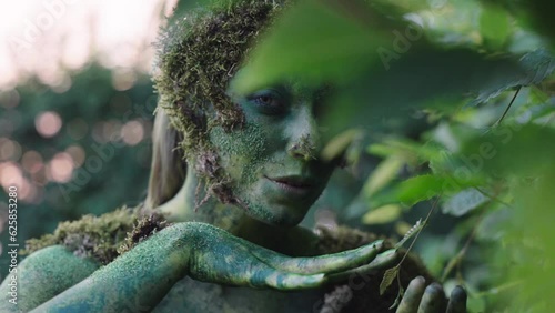 Female bodypaint model gazing and smirking through the thick greenleaves - Close up photo