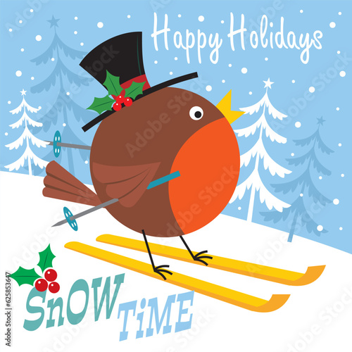 christmas card with robin bird skiing