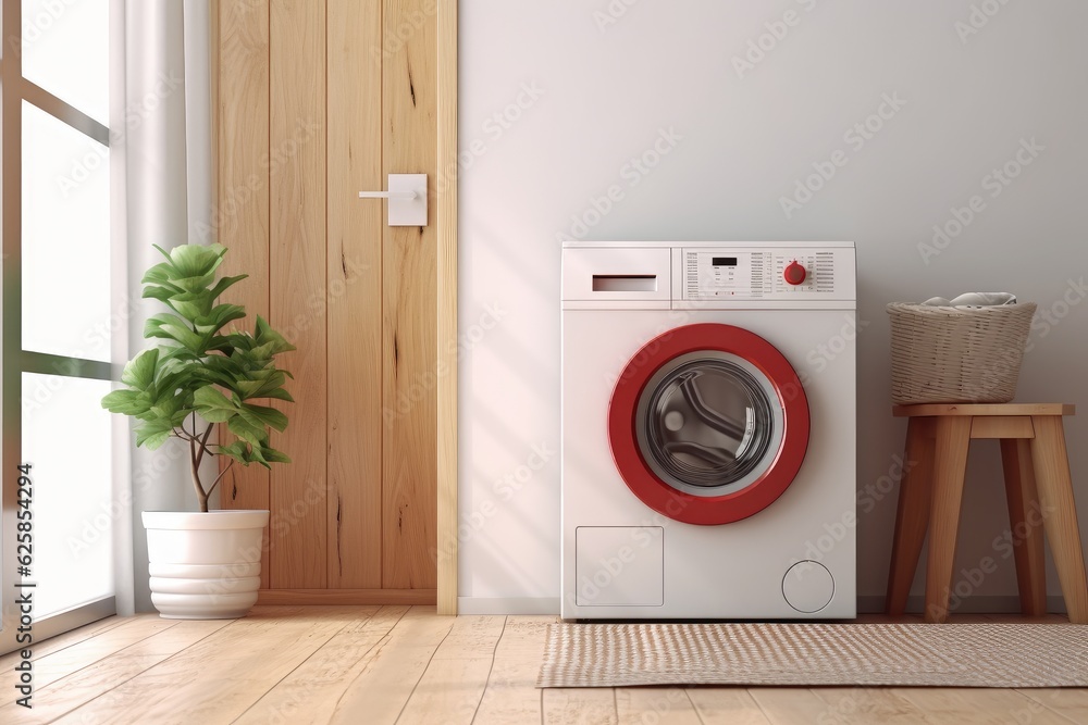 Washing machine in clean and airy room interior, AI Generated Washing machine in clean and airy room interior, AI Generated