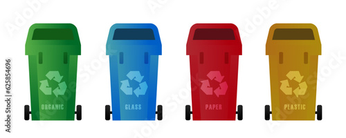 green, blue , red and yellow recycle bins with recycle symbol isolated on white background vector illustration
