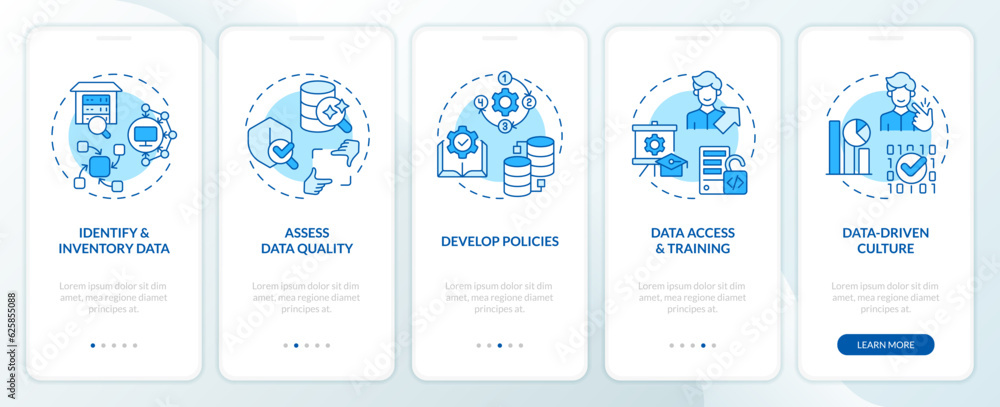 2D blue linear icons representing data democratization mobile app screen set. 5 steps graphic instructions, UI, UX, GUI template.